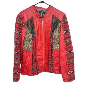 Southwestern Tapestry Faux Leather Jacket L Red Boho Ranch Western‎ Festival
